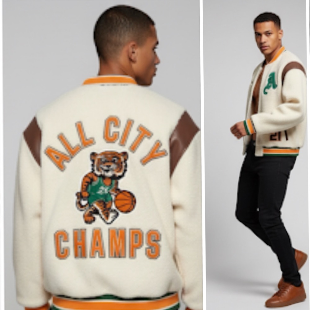 Just Don For All White & Brown Leather Varsity Jacket Green -Orange Accents XL